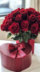 Elegant red rose bouquet with heartshaped gift box display