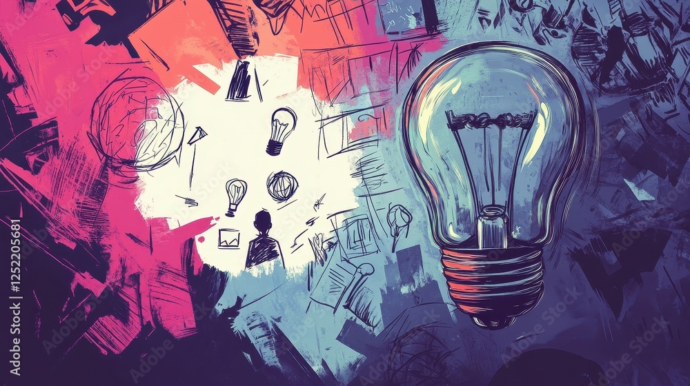 Poster illustration of a lightbulb with abstract sketches behind it