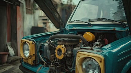 An open car hood showing pulleys and a serpentine belt before removal.