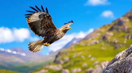 Fototapeta premium Majestic Eagle in Flight Over Stunning Mountain Landscape