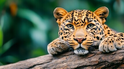 Obraz premium Majestic Leopard Relaxing on a Branch in a Lush Green Habitat