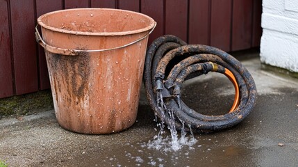 Fototapeta premium A bucket placed under a detached hose to catch dripping water.
