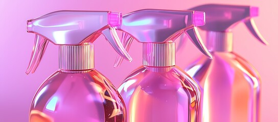 Three iridescent pink spray bottles with gold accents against a pink background.