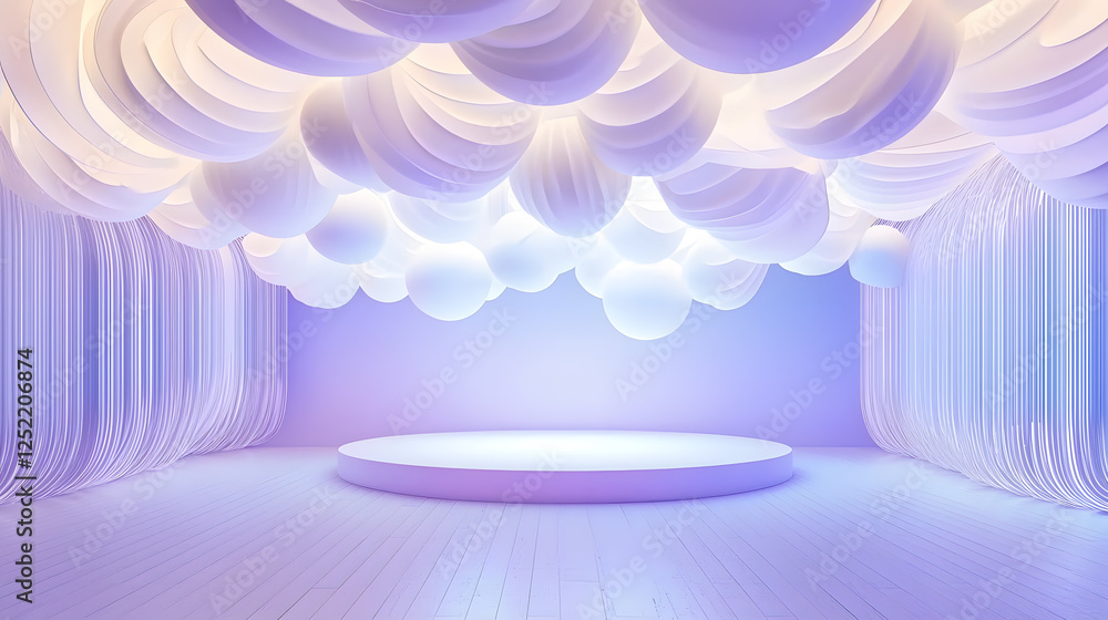 Poster Artistic event space with ethereal cloud ceiling modern studio digital art display soft lighting creative perspective