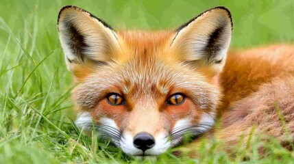 Fototapeta premium Close-Up Portrait of a Beautiful Red Fox Lying in Lush Green Grass