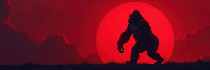 Obraz premium Powerful gorilla silhouette, red circular gradient backdrop , majestic, gorilla