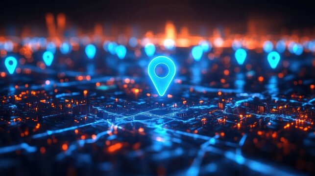 Futuristic Urban City Map with Blue Location Pins for Navigation and Geolocation Technology