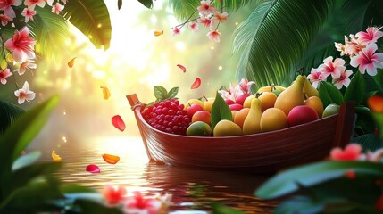 Onam Festival Celebration with Traditional Boat Fruits and Tropical Foliage