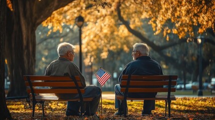 veterans sharing stories in park with american flag commemorating memorial day patriotic scene