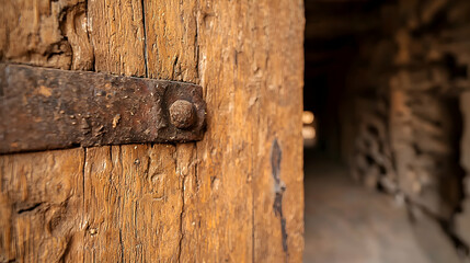 Old wooden door, stone passage, sunlight, rustic texture, historical building, stock photo