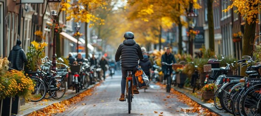 Cyclist in Autumn, Amsterdam. Cycling through the colorful streets of Amsterdam in fall.