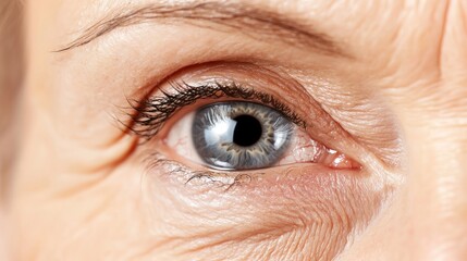 Close-up of an elderly woman's eye showcasing intricate details and textures, highlighting age