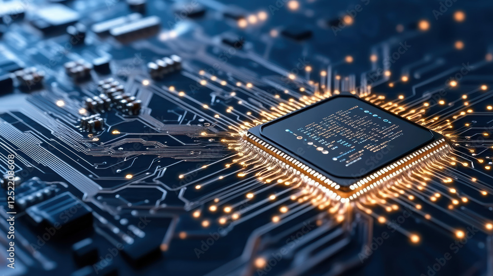 Poster high tech microchip on circuit board with glowing connections and details