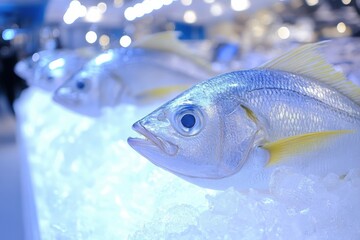 Fototapeta premium Fresh Fish Display on Ice in a Market with Bright Lighting