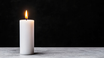 minimalist composition featuring single white candle glowing softly