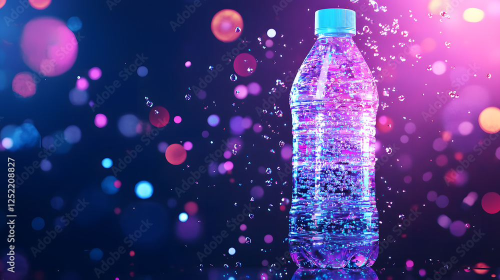 Poster refreshing water bottle splashing in colorful bokeh background studio setup vibrant close-up view be