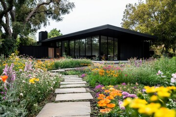 Obraz premium Beautiful garden with flower beds surrounding modern house amid a serene landscape during a cloudy afternoon in a peaceful neighborhood