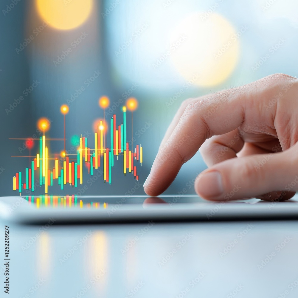 Poster goals successful risk investor concept. hand interacting with a digital tablet displaying colorful f