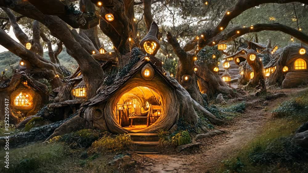 Poster enchanting village of treehouses illuminated at twilight in a mystical forest setting