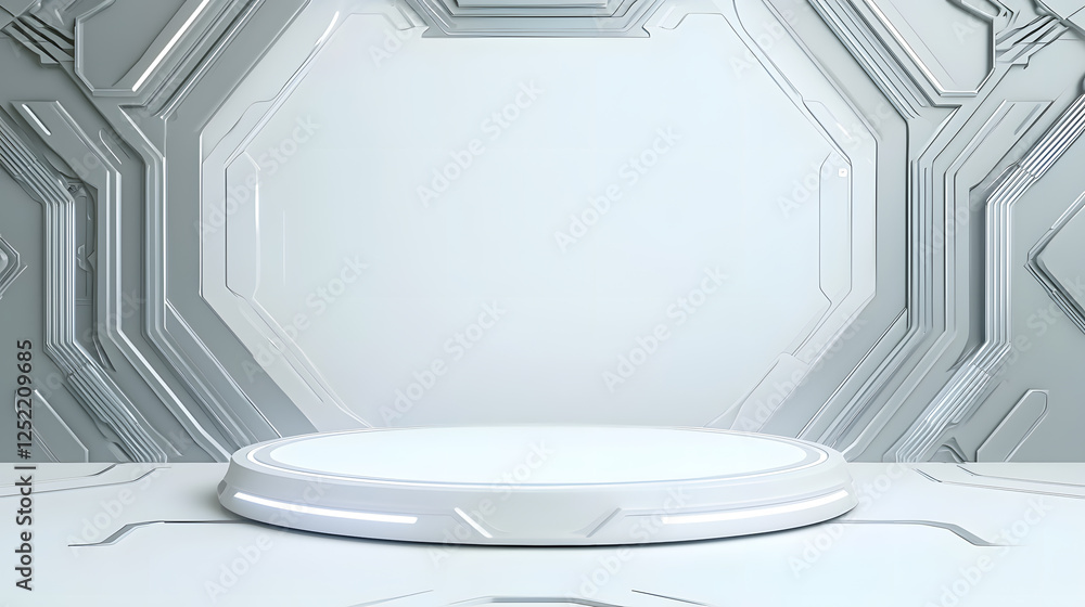 Poster futuristic minimalist display pod virtual space 3d rendering environment technology interior view co