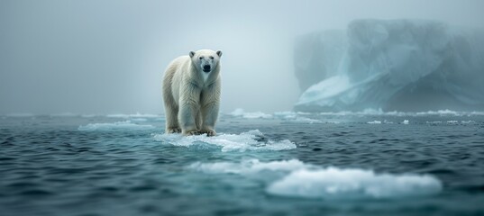 Naklejka premium Solitary Polar Bear on a Diminishing Ice Floe, a Symbol of Climate Change in the Arctic