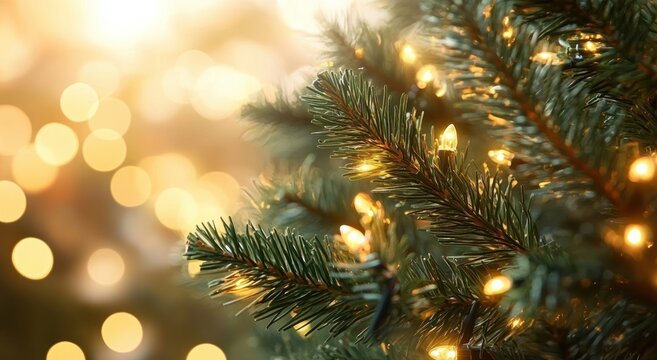Christmas Tree Branches Background with Warm Lights Bokeh Winter Aesthetic Holiday Decoration