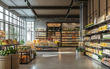 Modern grocery store interior, sunlight streams through large windows, shelves stocked with food, urban setting, ideal for retail advertising