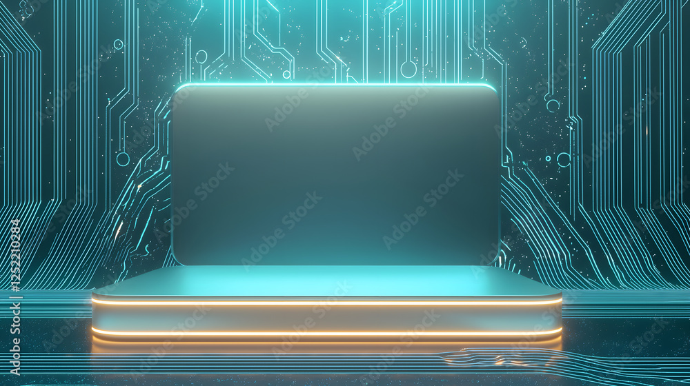 Poster futuristic tech presentation stage virtual setting graphic design neon environment eye-level view in