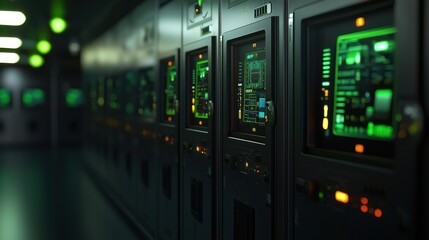 Modern server room with illuminated control panels and technology in a dark environment