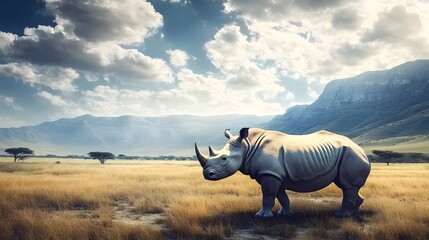 Fototapeta premium A majestic rhinoceros standing proudly in the African savannah, surrounded by vast landscapes of mountains and clouds. The photorealistic, hyperrealistic image captures the grandeur