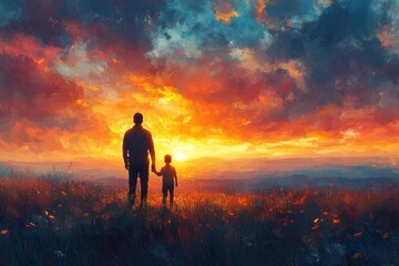 Obraz premium Father and Son Silhouette at Sunset Back View Walking Outdoors in Nature Bonding Together Enjoying Summer Holiday