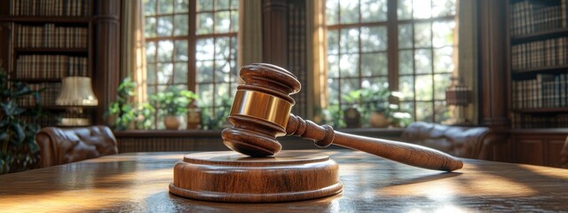 Gavel in Law Library with Textbooks for Justice and Copyright in International Legal Rights Study Room