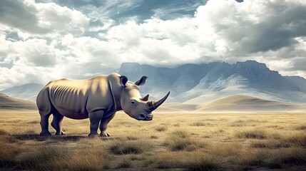 Obraz premium A majestic rhinoceros standing proudly in the African savannah, surrounded by vast landscapes of mountains and clouds. The photorealistic, hyperrealistic image captures the grandeur