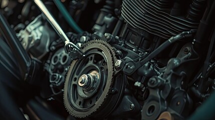 Fototapeta premium A fan belt tensioner being loosened with a wrench inside an engine compartment.