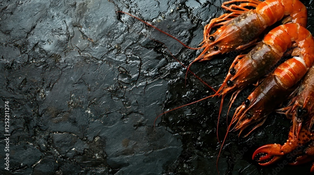 Poster a textured background showing a variety of fresh seafood on a dark slate surface.