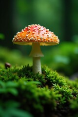 Mossy ferns surround a delicate Forrest mushroom, ferns, green