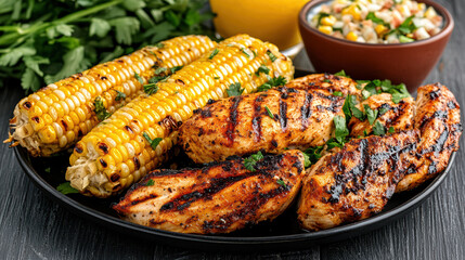 Grilled chicken, corn on cob, and fresh salad create vibrant summer feast
