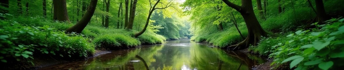 Obraz premium River Huntspill flowing through woodland forest, greenery, forest, foliage