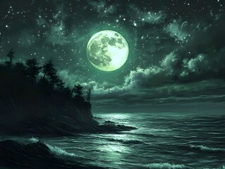 Full Moon over Coastal Cliffs at Night