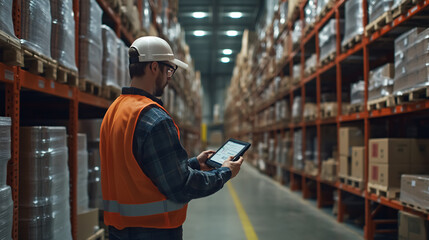 An individual analyzing inventory data on a portable device inside a warehouse during daylight.