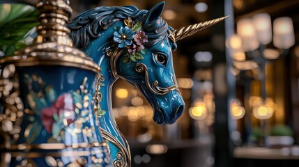 Ornate blue unicorn sculpture adorned with flowers, set in a luxurious interior with warm lighting