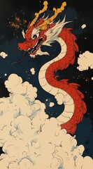 Obraz premium A Majestic Red Dragon Ascends Through Clouds
