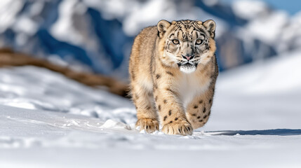 rare snow leopard walking gracefully through snowy landscape