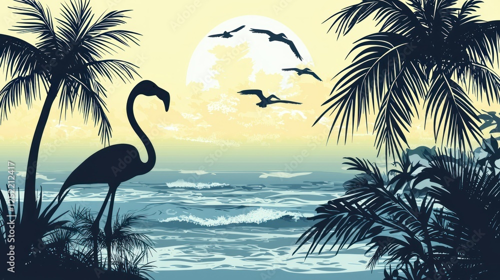 Poster a tropical beach scene featuring a flamingo silhouette against a backdrop of palm trees and waves.