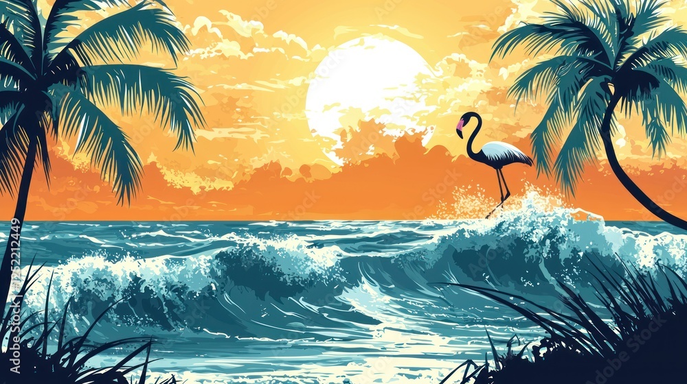 Poster a tropical beach scene featuring a flamingo silhouette against a backdrop of palm trees and waves.