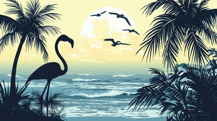 A tropical beach scene featuring a flamingo silhouette against a backdrop of palm trees and waves. 