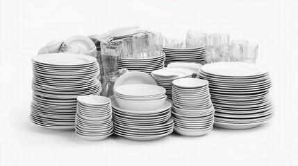 Clean and white tableware is placed on white background