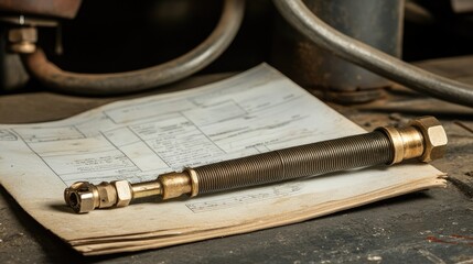 Naklejka premium A hose removal tool resting on top of a plumbing manual in a workshop.