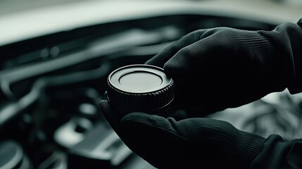 A mechanic's gloves holding a coolant reservoir cap over a car engine bay.