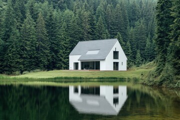 Fototapeta premium A modern white house is beautifully reflected in the tranquil waters of a serene lake, which is encircled by a lush, dense forest on a calm day in nature